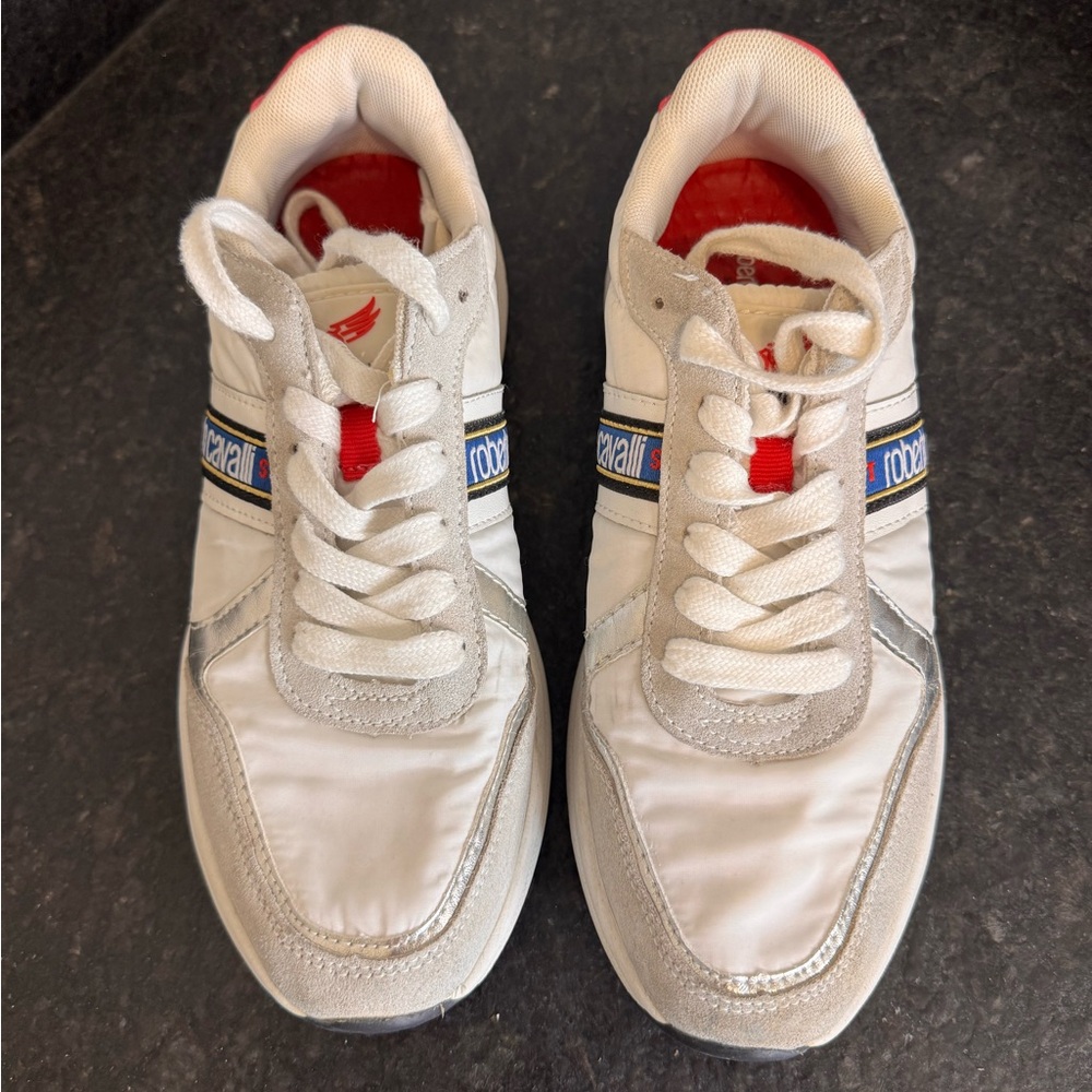 Roberto Cavalli Sport White and Silver Athletic Shoes